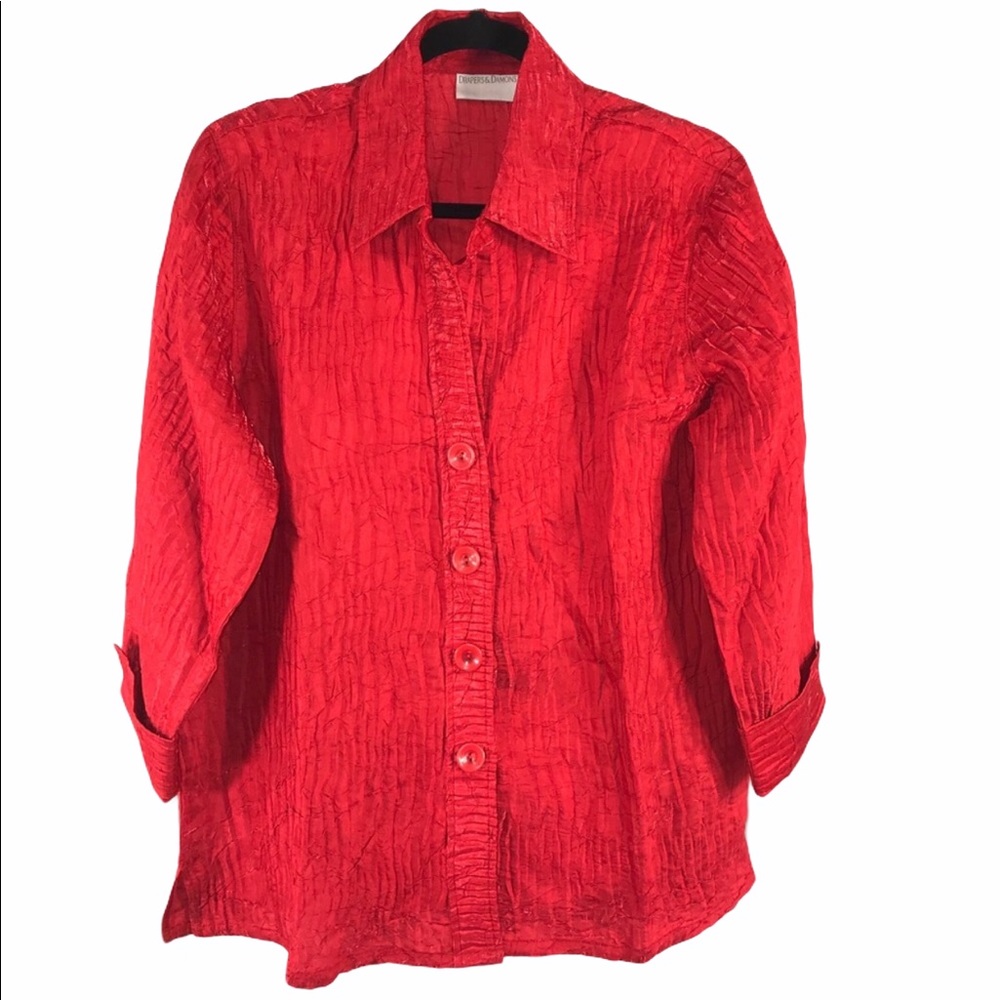 NWT Red Shimmer Crinkle Button Down Shirt - Picture 1 of 10
